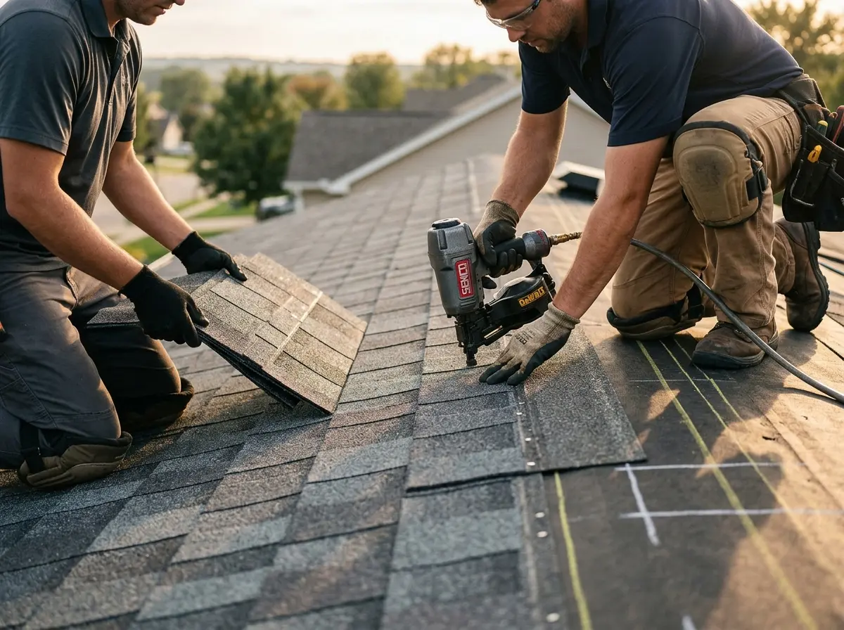 Professional roofer working on a residential roof in Highland Village